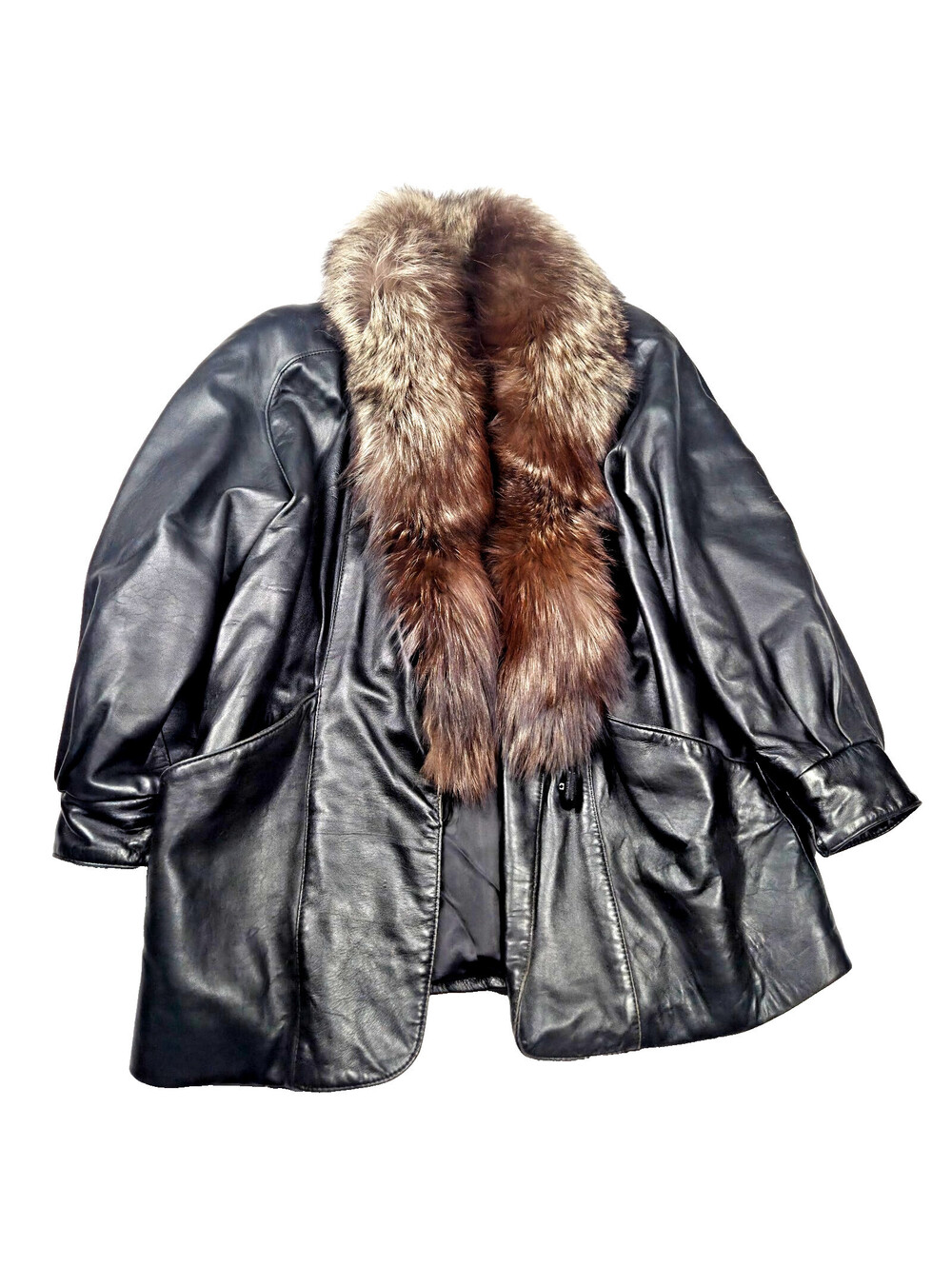 Marvin Richards Black Leather Coat Genuine Fur Collar Womens S Made USA Vintage